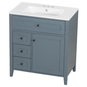 English Elm 30-Inch Freestanding Bathroom Vanity with Ceramic Sink MDF Cabinet and Rubberwood Legs Blue Gray N725P467399E