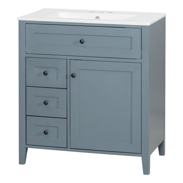 English Elm 30-Inch Freestanding Bathroom Vanity with Ceramic Sink MDF Cabinet and Rubberwood Legs Blue Gray N725P467399E