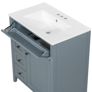 English Elm 30-Inch Freestanding Bathroom Vanity with Ceramic Sink MDF Cabinet and Rubberwood Legs Blue Gray N725P467399E