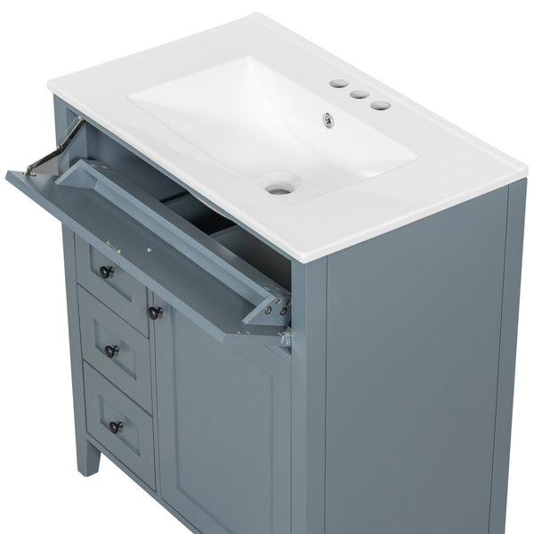 English Elm 30-Inch Freestanding Bathroom Vanity with Ceramic Sink MDF Cabinet and Rubberwood Legs Blue Gray N725P467399E
