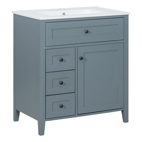 English Elm 30-Inch Freestanding Bathroom Vanity with Ceramic Sink MDF Cabinet and Rubberwood Legs Blue Gray N725P467399E