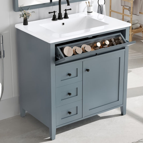 English Elm 30-Inch Freestanding Bathroom Vanity with Ceramic Sink MDF Cabinet and Rubberwood Legs Blue Gray N725P467399E