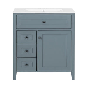 English Elm 30-Inch Freestanding Bathroom Vanity with Ceramic Sink MDF Cabinet and Rubberwood Legs Blue Gray N725P467399E