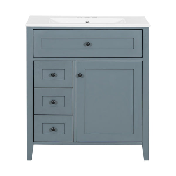 English Elm 30-Inch Freestanding Bathroom Vanity with Ceramic Sink MDF Cabinet and Rubberwood Legs Blue Gray N725P467399E