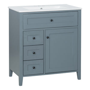 English Elm 30-Inch Freestanding Bathroom Vanity with Ceramic Sink MDF Cabinet and Rubberwood Legs Blue Gray N725P467399E