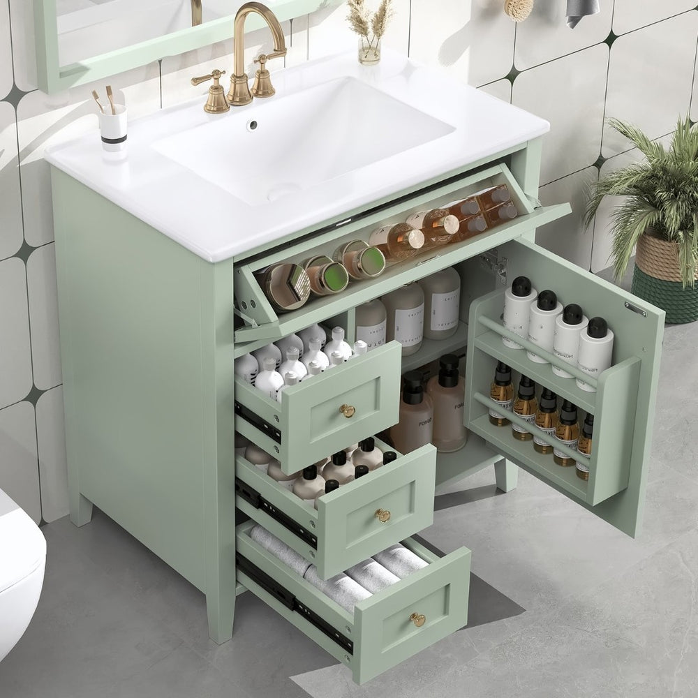 English Elm 30-Inch Freestanding Bathroom Vanity with Ceramic Sink MDF Cabinet and Rubberwood Legs Green N725P467399F