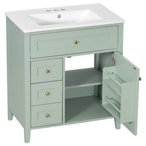 English Elm 30-Inch Freestanding Bathroom Vanity with Ceramic Sink MDF Cabinet and Rubberwood Legs Green N725P467399F