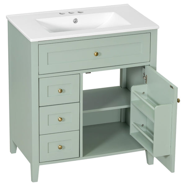 English Elm 30-Inch Freestanding Bathroom Vanity with Ceramic Sink MDF Cabinet and Rubberwood Legs Green N725P467399F