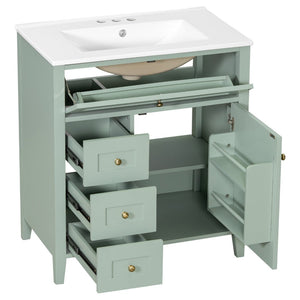 English Elm 30-Inch Freestanding Bathroom Vanity with Ceramic Sink MDF Cabinet and Rubberwood Legs Green N725P467399F