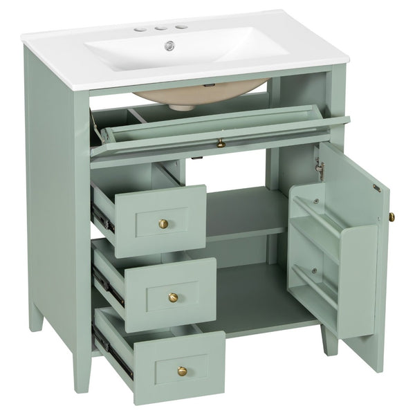 English Elm 30-Inch Freestanding Bathroom Vanity with Ceramic Sink MDF Cabinet and Rubberwood Legs Green N725P467399F