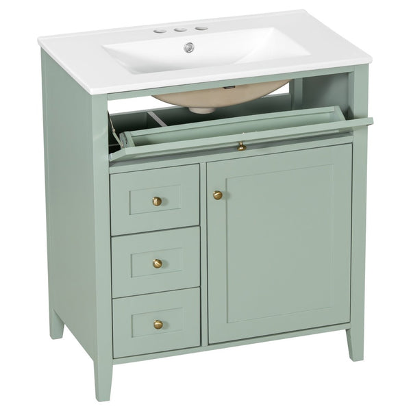 English Elm 30-Inch Freestanding Bathroom Vanity with Ceramic Sink MDF Cabinet and Rubberwood Legs Green N725P467399F