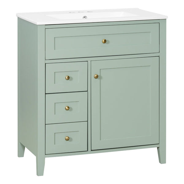 English Elm 30-Inch Freestanding Bathroom Vanity with Ceramic Sink MDF Cabinet and Rubberwood Legs Green N725P467399F