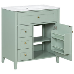 English Elm 30-Inch Freestanding Bathroom Vanity with Ceramic Sink MDF Cabinet and Rubberwood Legs Green N725P467399F