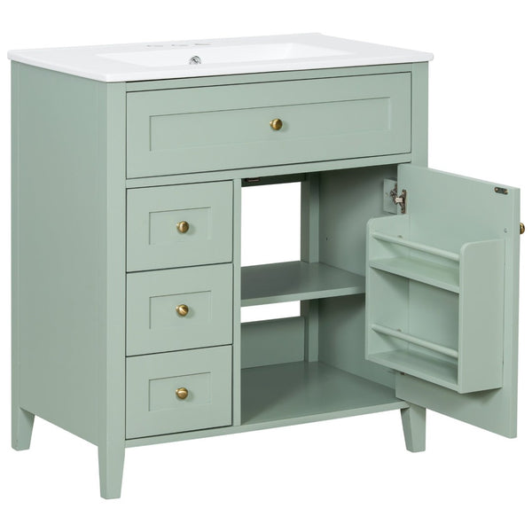 English Elm 30-Inch Freestanding Bathroom Vanity with Ceramic Sink MDF Cabinet and Rubberwood Legs Green N725P467399F