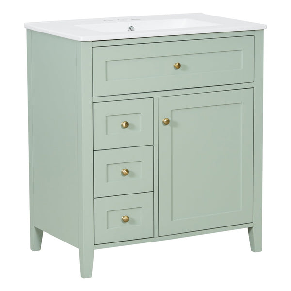 English Elm 30-Inch Freestanding Bathroom Vanity with Ceramic Sink MDF Cabinet and Rubberwood Legs Green N725P467399F
