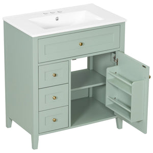 English Elm 30-Inch Freestanding Bathroom Vanity with Ceramic Sink MDF Cabinet and Rubberwood Legs Green N725P467399F