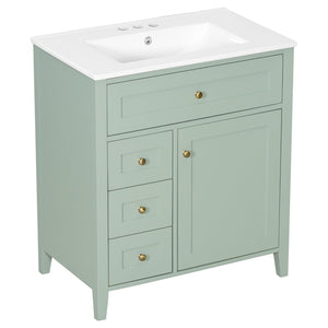 English Elm 30-Inch Freestanding Bathroom Vanity with Ceramic Sink MDF Cabinet and Rubberwood Legs Green N725P467399F