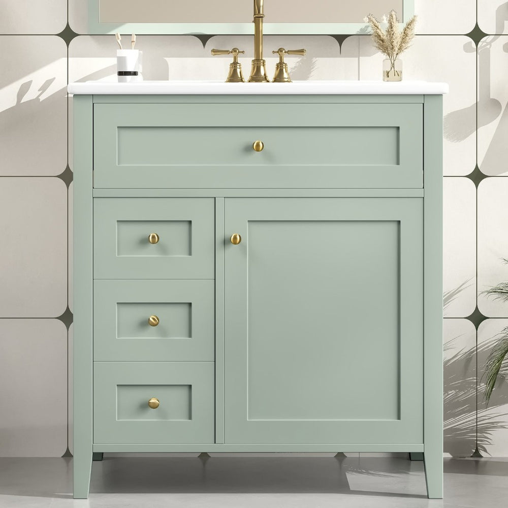 English Elm 30-Inch Freestanding Bathroom Vanity with Ceramic Sink MDF Cabinet and Rubberwood Legs Green N725P467399F