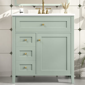 English Elm 30-Inch Freestanding Bathroom Vanity with Ceramic Sink MDF Cabinet and Rubberwood Legs Green N725P467399F