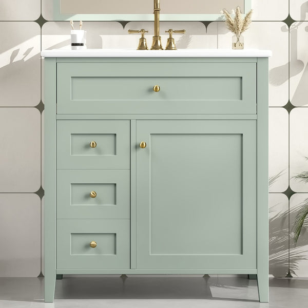 English Elm 30-Inch Freestanding Bathroom Vanity with Ceramic Sink MDF Cabinet and Rubberwood Legs Green N725P467399F