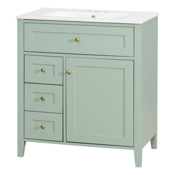 English Elm 30-Inch Freestanding Bathroom Vanity with Ceramic Sink MDF Cabinet and Rubberwood Legs Green N725P467399F