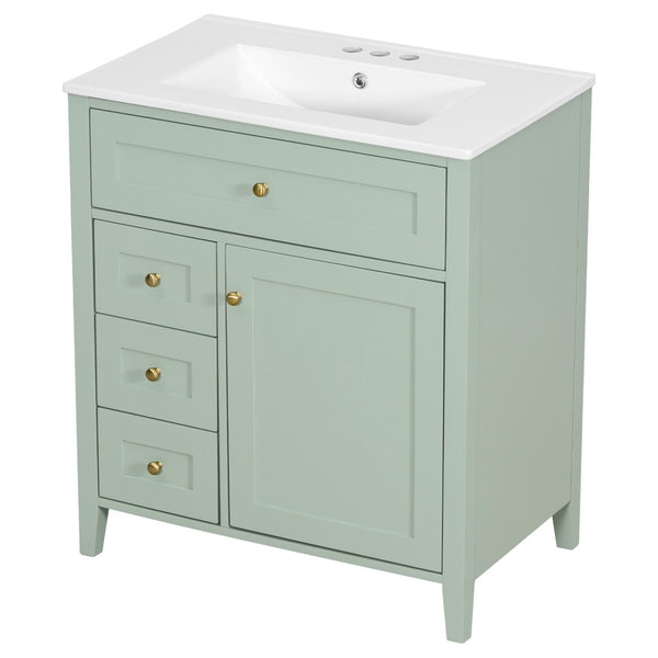 English Elm 30-Inch Freestanding Bathroom Vanity with Ceramic Sink MDF Cabinet and Rubberwood Legs Green N725P467399F