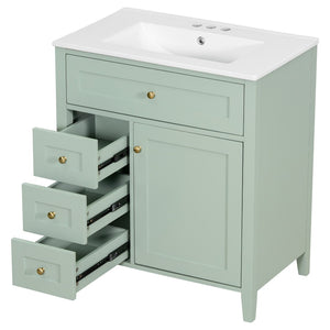 English Elm 30-Inch Freestanding Bathroom Vanity with Ceramic Sink MDF Cabinet and Rubberwood Legs Green N725P467399F