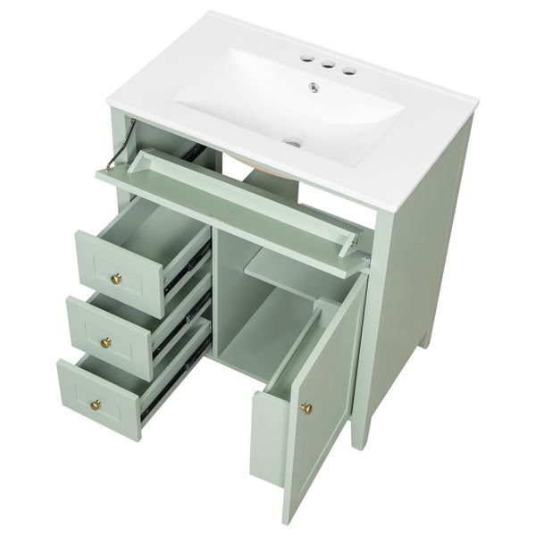 English Elm 30-Inch Freestanding Bathroom Vanity with Ceramic Sink MDF Cabinet and Rubberwood Legs Green N725P467399F