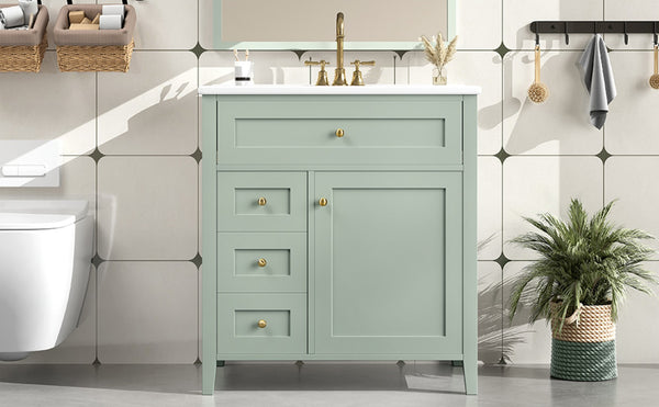 English Elm 30-Inch Freestanding Bathroom Vanity with Ceramic Sink MDF Cabinet and Rubberwood Legs Green N725P467399F