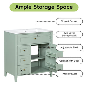 English Elm 30-Inch Freestanding Bathroom Vanity with Ceramic Sink MDF Cabinet and Rubberwood Legs Green N725P467399F