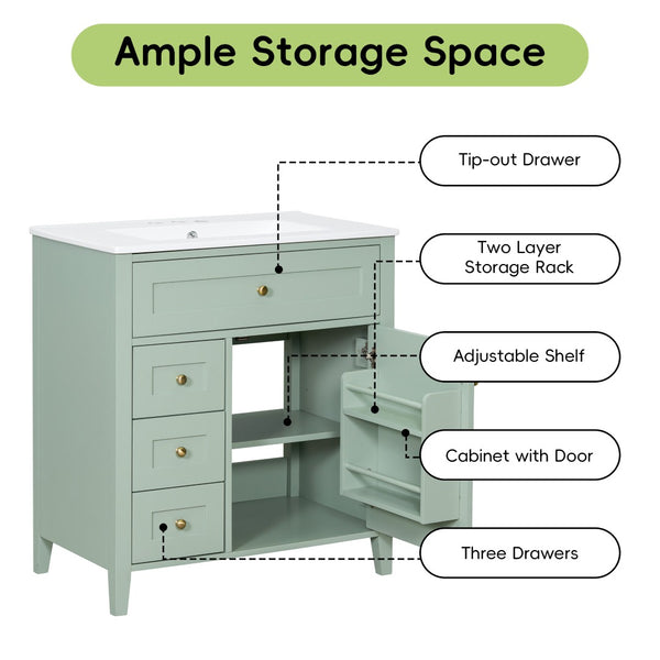 English Elm 30-Inch Freestanding Bathroom Vanity with Ceramic Sink MDF Cabinet and Rubberwood Legs Green N725P467399F