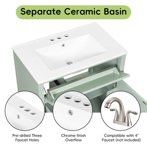 English Elm 30-Inch Freestanding Bathroom Vanity with Ceramic Sink MDF Cabinet and Rubberwood Legs Green N725P467399F