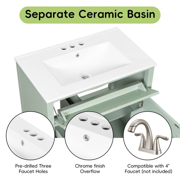 English Elm 30-Inch Freestanding Bathroom Vanity with Ceramic Sink MDF Cabinet and Rubberwood Legs Green N725P467399F