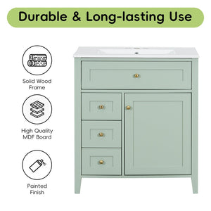 English Elm 30-Inch Freestanding Bathroom Vanity with Ceramic Sink MDF Cabinet and Rubberwood Legs Green N725P467399F