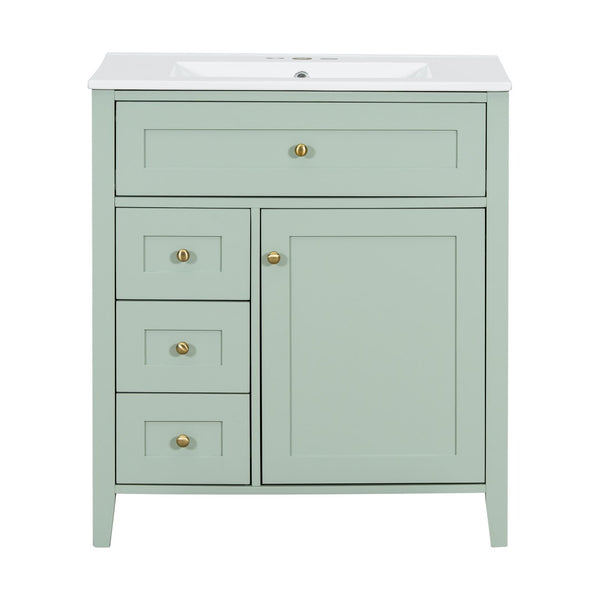 English Elm 30-Inch Freestanding Bathroom Vanity with Ceramic Sink MDF Cabinet and Rubberwood Legs Green N725P467399F