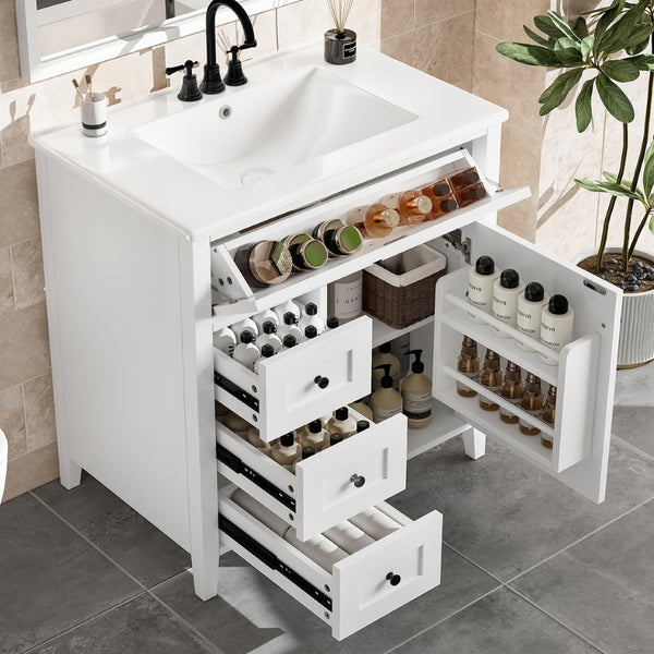 English Elm 30-Inch Freestanding Bathroom Vanity with Ceramic Sink MDF Cabinet and Rubberwood Legs White N725P467399K