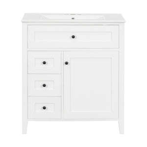 English Elm 30-Inch Freestanding Bathroom Vanity with Ceramic Sink MDF Cabinet and Rubberwood Legs White N725P467399K