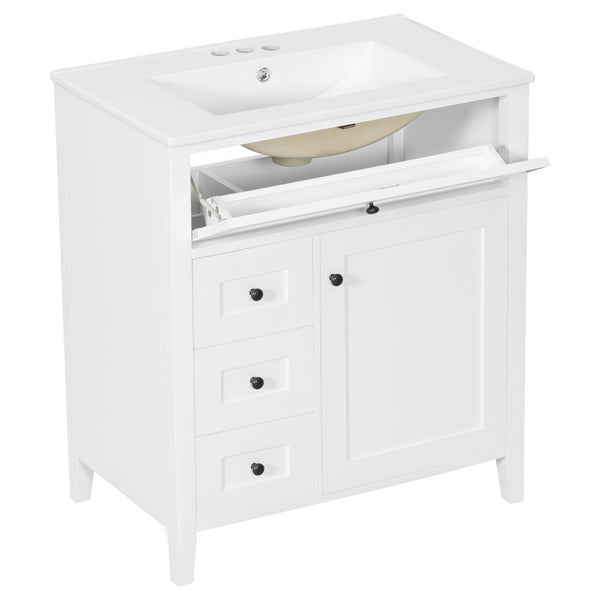 English Elm 30-Inch Freestanding Bathroom Vanity with Ceramic Sink MDF Cabinet and Rubberwood Legs White N725P467399K
