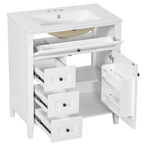 English Elm 30-Inch Freestanding Bathroom Vanity with Ceramic Sink MDF Cabinet and Rubberwood Legs White N725P467399K