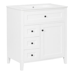 English Elm 30-Inch Freestanding Bathroom Vanity with Ceramic Sink MDF Cabinet and Rubberwood Legs White N725P467399K