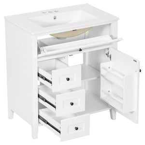 English Elm 30-Inch Freestanding Bathroom Vanity with Ceramic Sink MDF Cabinet and Rubberwood Legs White N725P467399K