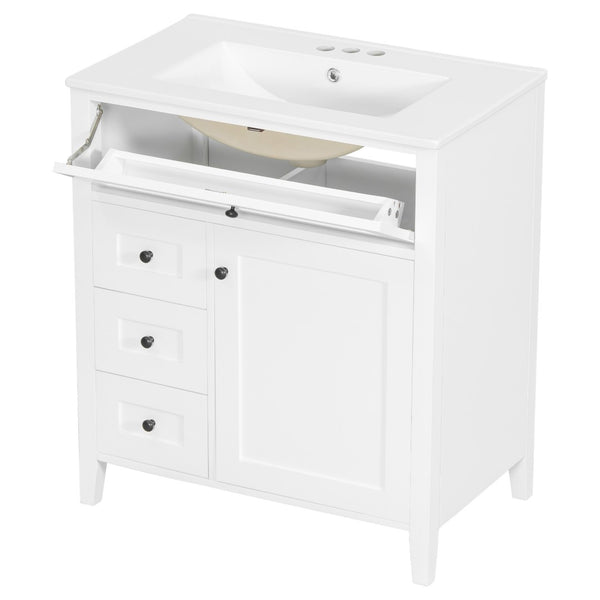 English Elm 30-Inch Freestanding Bathroom Vanity with Ceramic Sink MDF Cabinet and Rubberwood Legs White N725P467399K