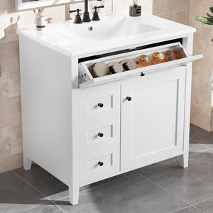 English Elm 30-Inch Freestanding Bathroom Vanity with Ceramic Sink MDF Cabinet and Rubberwood Legs White N725P467399K