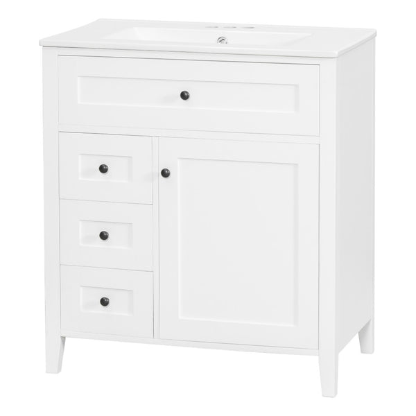 English Elm 30-Inch Freestanding Bathroom Vanity with Ceramic Sink MDF Cabinet and Rubberwood Legs White N725P467399K