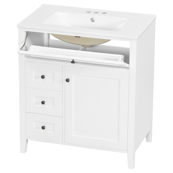 English Elm 30-Inch Freestanding Bathroom Vanity with Ceramic Sink MDF Cabinet and Rubberwood Legs White N725P467399K