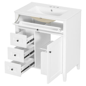 English Elm 30-Inch Freestanding Bathroom Vanity with Ceramic Sink MDF Cabinet and Rubberwood Legs White N725P467399K