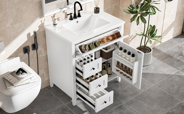 English Elm 30-Inch Freestanding Bathroom Vanity with Ceramic Sink MDF Cabinet and Rubberwood Legs White N725P467399K