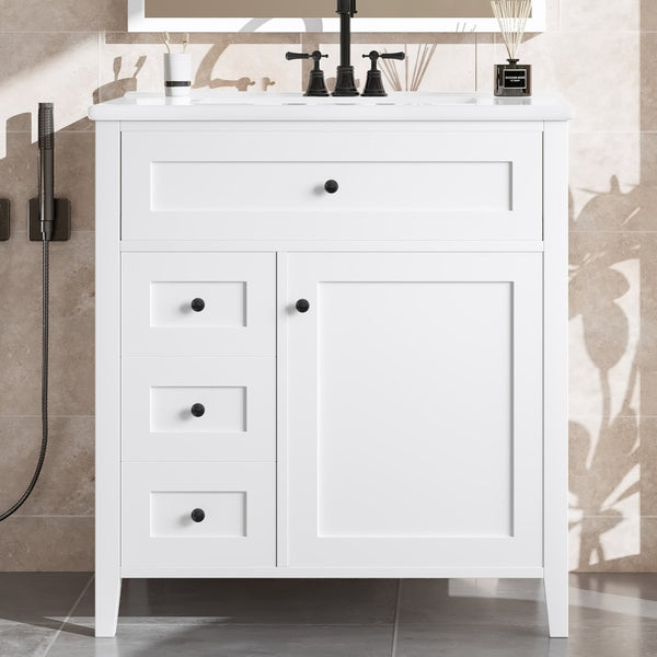 English Elm 30-Inch Freestanding Bathroom Vanity with Ceramic Sink MDF Cabinet and Rubberwood Legs White N725P467399K