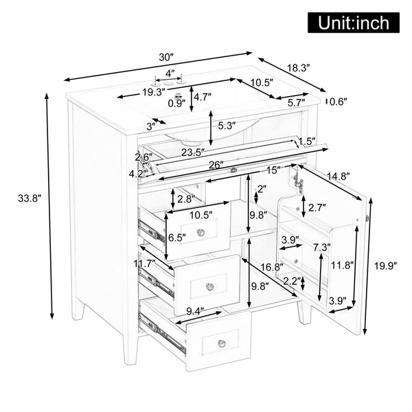 English Elm 30-Inch Freestanding Bathroom Vanity with Ceramic Sink MDF Cabinet and Rubberwood Legs White N725P467399K