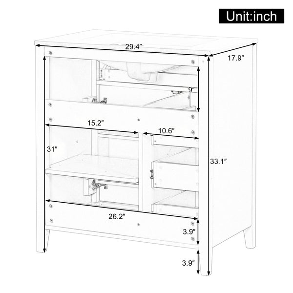English Elm 30-Inch Freestanding Bathroom Vanity with Ceramic Sink MDF Cabinet and Rubberwood Legs White N725P467399K